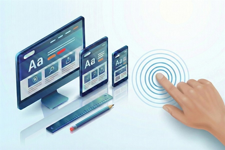 uno schermo PC, un tablet, uno smartphone e una mano che dà connettività